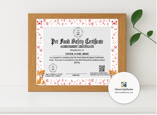 Realistic mockup featuring Pet Food Safety Certification Certificate displayed within a modern frame, set against a minimalistic background.