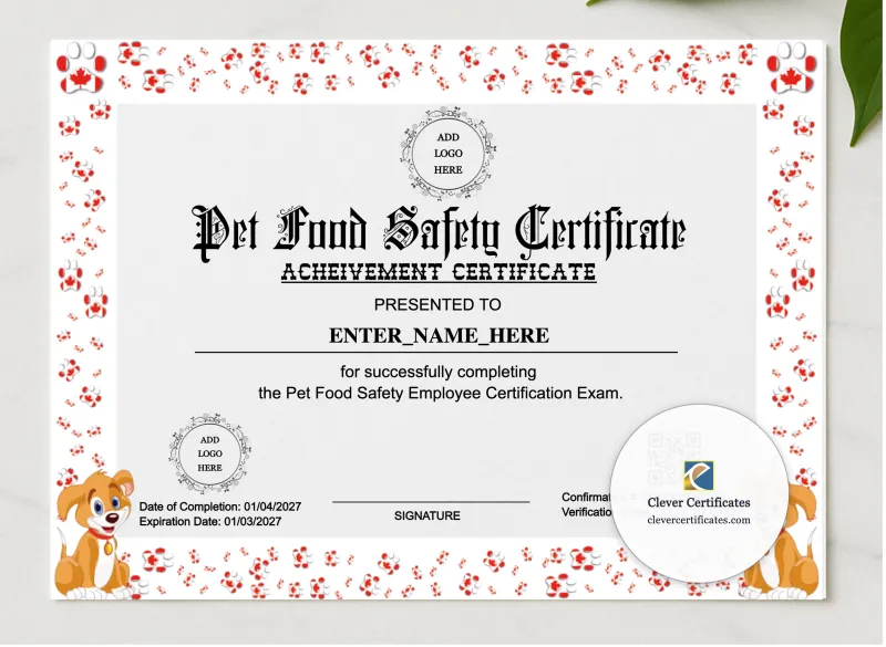 Pet Food Safety Certification Certificate presented in a sleek wooden frame, elegantly arranged on a stylish table.