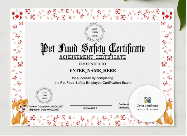 Pet Food Safety Certification Certificate presented in a sleek wooden frame, elegantly arranged on a stylish table.