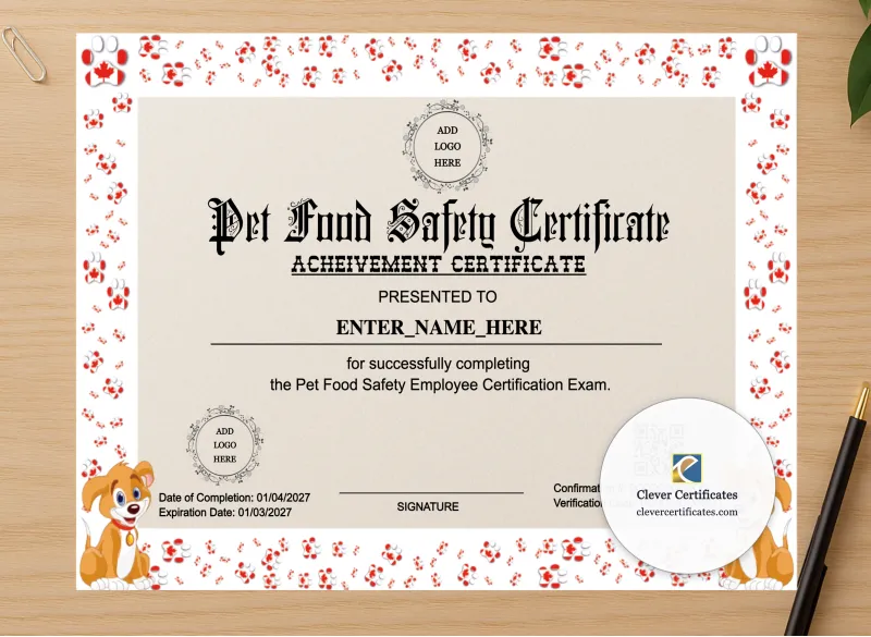 Professional preview of Pet Food Safety Certification Certificate certificate on high-quality stationery paper, ideal for showcasing the final look.