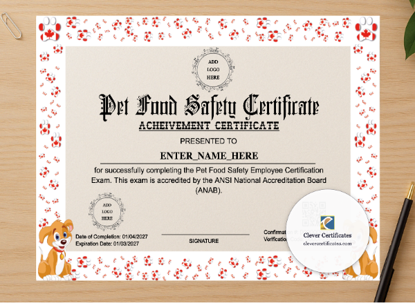 Professional preview of Pet Food Safety Certification Certificate certificate on high-quality stationery paper, ideal for showcasing the final look.