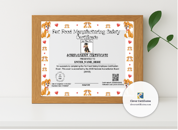 Realistic mockup featuring Pet Food Manufacturing Safety Certificate displayed within a modern frame, set against a minimalistic background.
