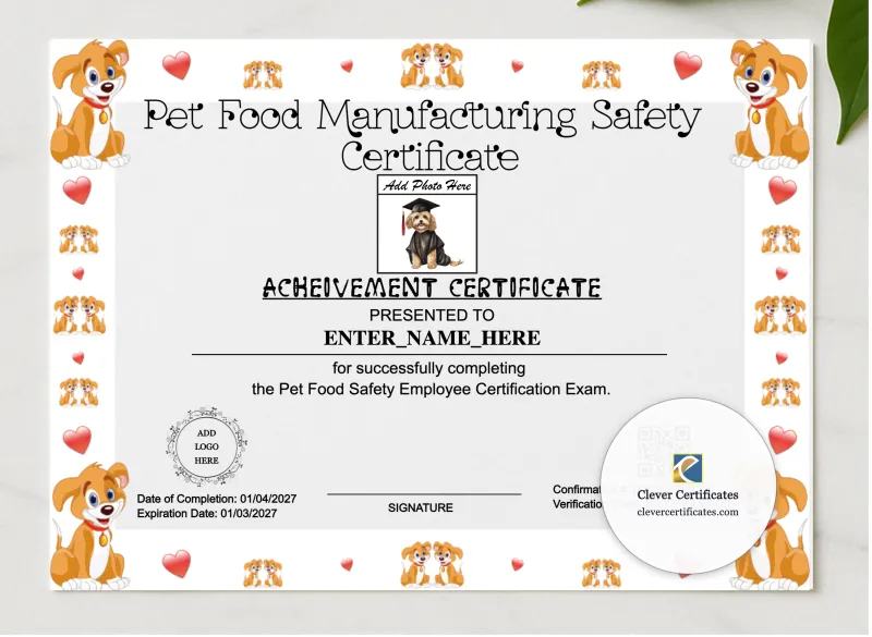Pet Food Manufacturing Safety Certificate presented in a sleek wooden frame, elegantly arranged on a stylish table.