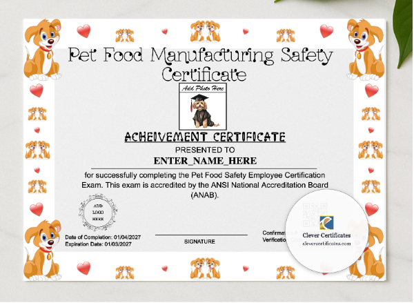 Pet Food Manufacturing Safety Certificate presented in a sleek wooden frame, elegantly arranged on a stylish table.