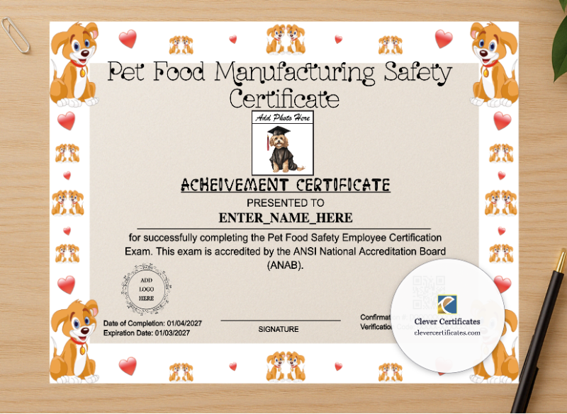 Professional preview of Pet Food Manufacturing Safety Certificate certificate on high-quality stationery paper, ideal for showcasing the final look.