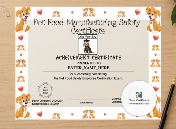Professional preview of Pet Food Manufacturing Safety Certificate certificate on high-quality stationery paper, ideal for showcasing the final look.
