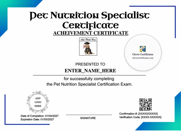 Free Pet Nutrition Specialist Certificate Template
