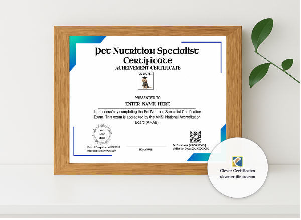 Realistic mockup featuring Pet Nutrition Specialist Certificate displayed within a modern frame, set against a minimalistic background.