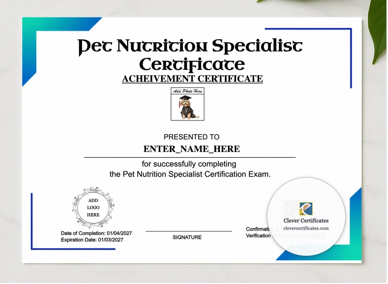 Pet Nutrition Specialist Certificate presented in a sleek wooden frame, elegantly arranged on a stylish table.