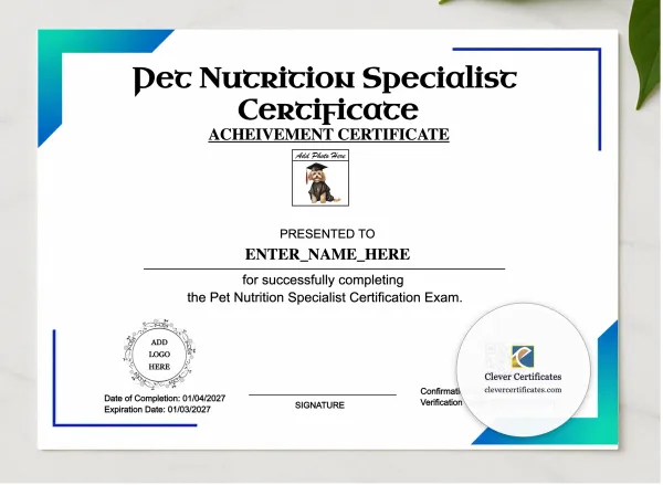 Pet Nutrition Specialist Certificate presented in a sleek wooden frame, elegantly arranged on a stylish table.