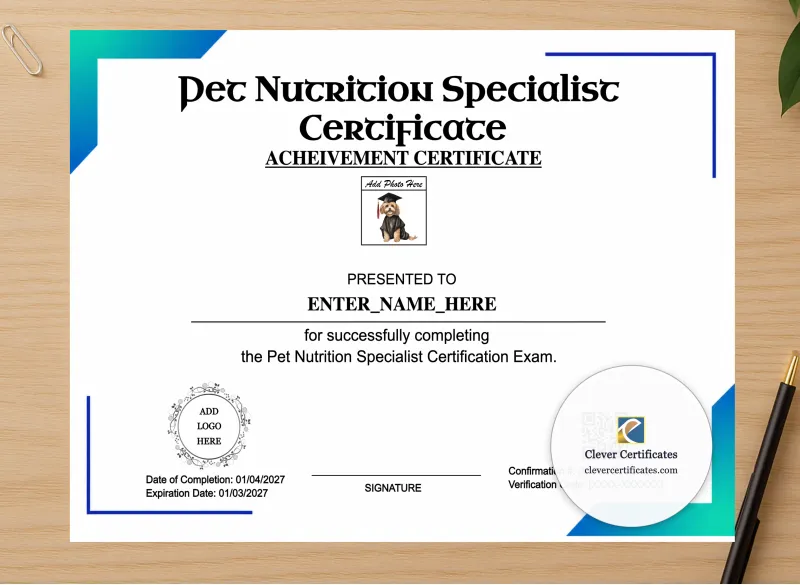 Professional preview of Pet Nutrition Specialist Certificate certificate on high-quality stationery paper, ideal for showcasing the final look.