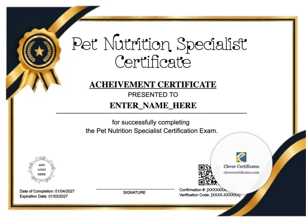 Free Certified Pet Nutritionist Certificate Template