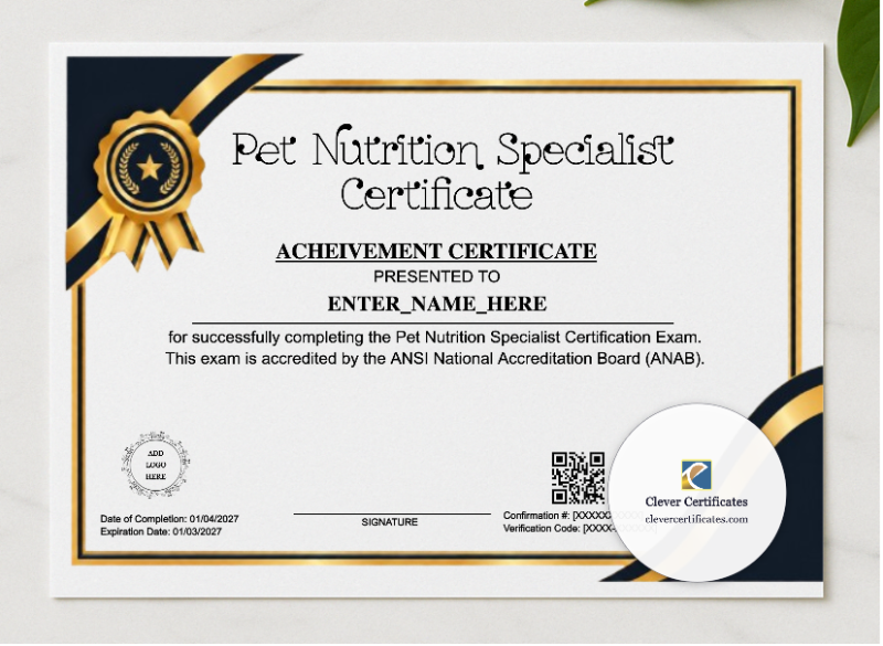 Certified Pet Nutritionist Certificate presented in a sleek wooden frame, elegantly arranged on a stylish table.