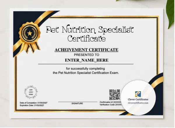 Certified Pet Nutritionist Certificate presented in a sleek wooden frame, elegantly arranged on a stylish table.