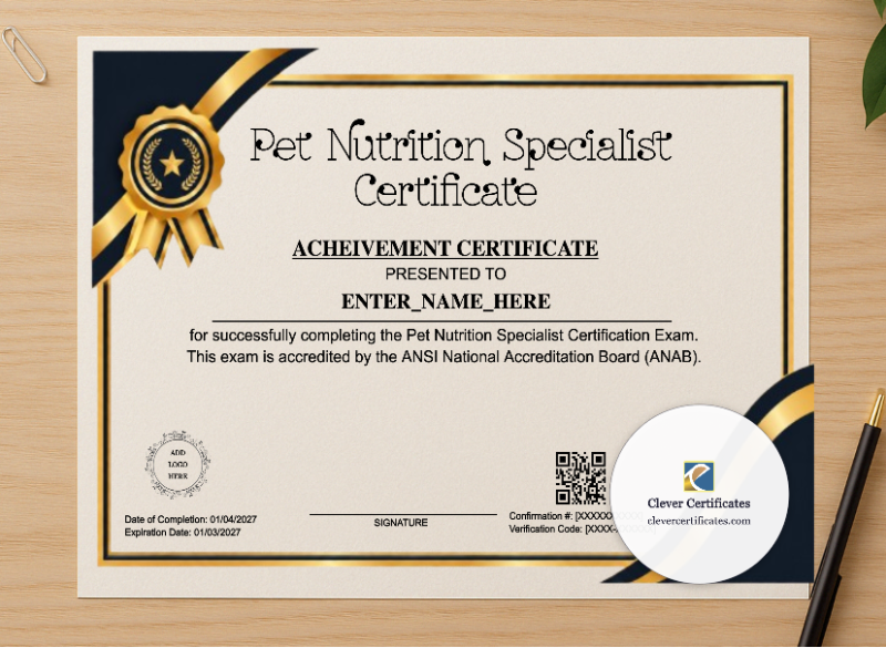 Professional preview of Certified Pet Nutritionist Certificate certificate on high-quality stationery paper, ideal for showcasing the final look.
