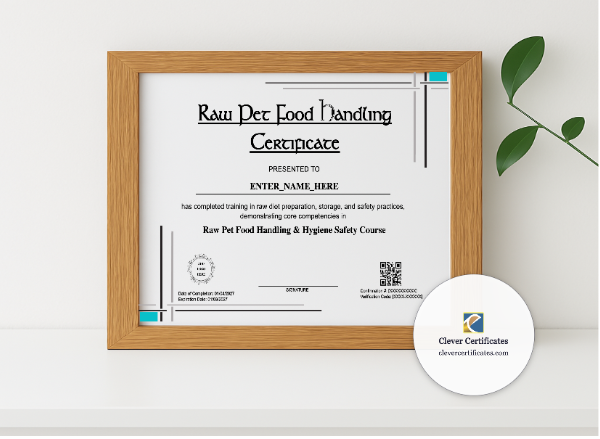 Realistic mockup featuring Raw Pet Food Handling Certificate displayed within a modern frame, set against a minimalistic background.