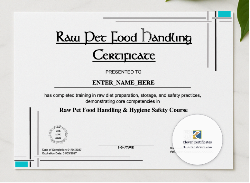Raw Pet Food Handling Certificate presented in a sleek wooden frame, elegantly arranged on a stylish table.