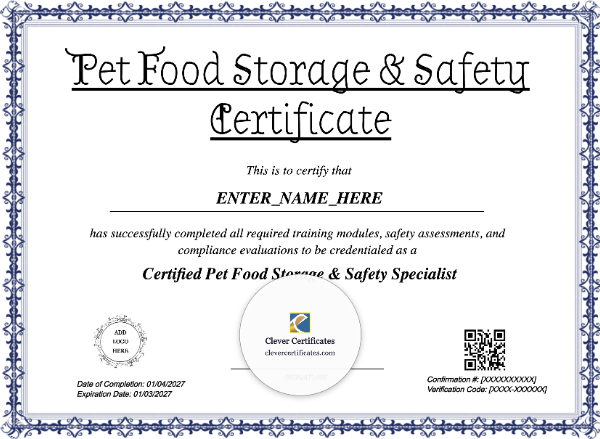 Free Pet Food Storage and Safety Certificate Template