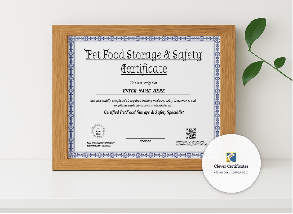 Realistic mockup featuring Pet Food Storage And Safety Certificate displayed within a modern frame, set against a minimalistic background.