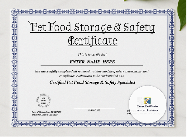 Pet Food Storage And Safety Certificate presented in a sleek wooden frame, elegantly arranged on a stylish table.