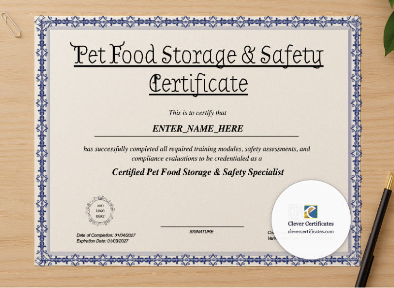 Professional preview of Pet Food Storage And Safety Certificate certificate on high-quality stationery paper, ideal for showcasing the final look.