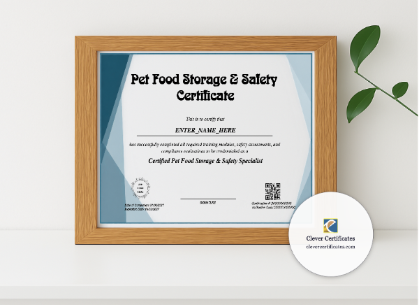 Realistic mockup featuring Pet Store Food Safety Certificate displayed within a modern frame, set against a minimalistic background.