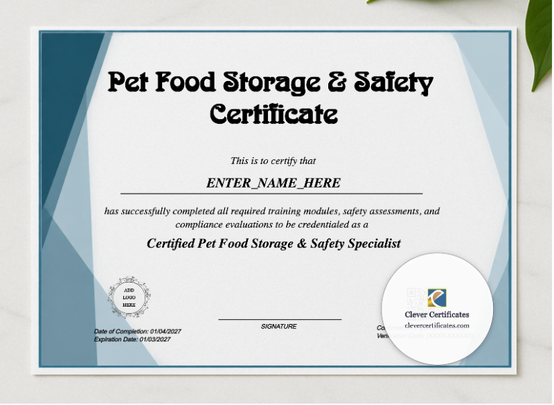 Pet Store Food Safety Certificate presented in a sleek wooden frame, elegantly arranged on a stylish table.