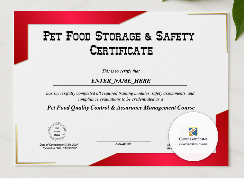 Pet Food Quality Control Certificate presented in a sleek wooden frame, elegantly arranged on a stylish table.