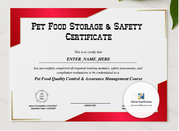 Pet Food Quality Control Certificate presented in a sleek wooden frame, elegantly arranged on a stylish table.