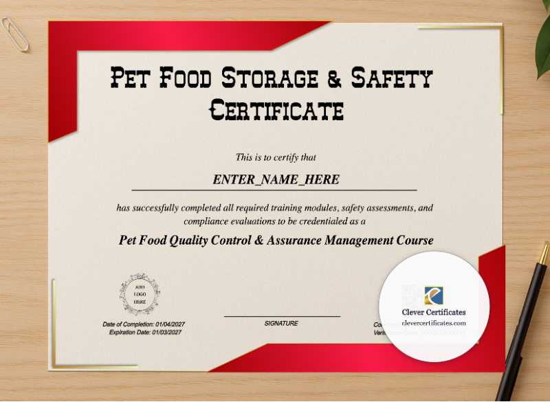 Professional preview of Pet Food Quality Control Certificate certificate on high-quality stationery paper, ideal for showcasing the final look.