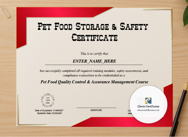 Professional preview of Pet Food Quality Control Certificate certificate on high-quality stationery paper, ideal for showcasing the final look.
