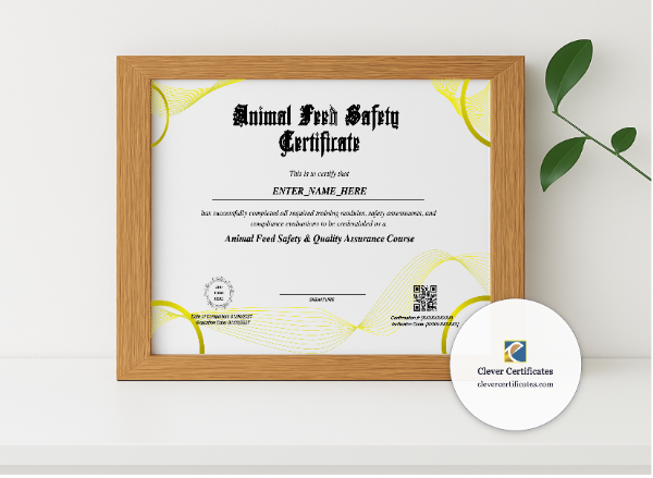 Realistic mockup featuring Animal Feed Safety Certificate displayed within a modern frame, set against a minimalistic background.