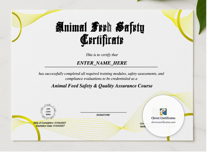 Animal Feed Safety Certificate presented in a sleek wooden frame, elegantly arranged on a stylish table.