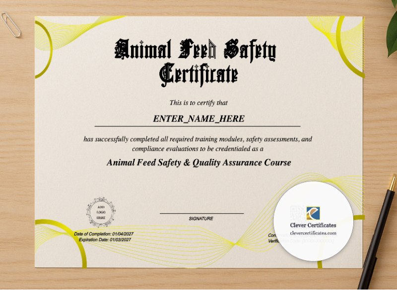 Professional preview of Animal Feed Safety Certificate certificate on high-quality stationery paper, ideal for showcasing the final look.