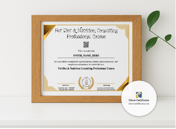 Realistic mockup featuring Pet Diet And Nutrition Consultant Certificate displayed within a modern frame, set against a minimalistic background.