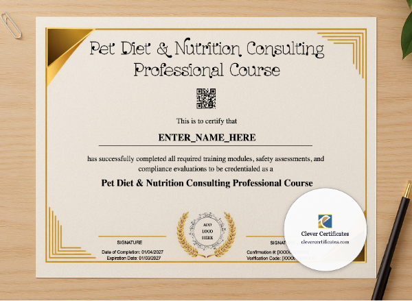 Professional preview of Pet Diet And Nutrition Consultant Certificate certificate on high-quality stationery paper, ideal for showcasing the final look.