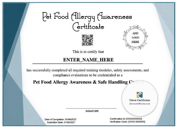 Free Pet Food Allergy Awareness Certificate Template