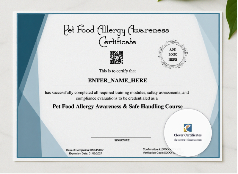 Pet Food Allergy Awareness Certificate presented in a sleek wooden frame, elegantly arranged on a stylish table.