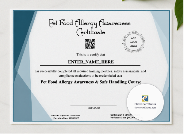 Pet Food Allergy Awareness Certificate presented in a sleek wooden frame, elegantly arranged on a stylish table.