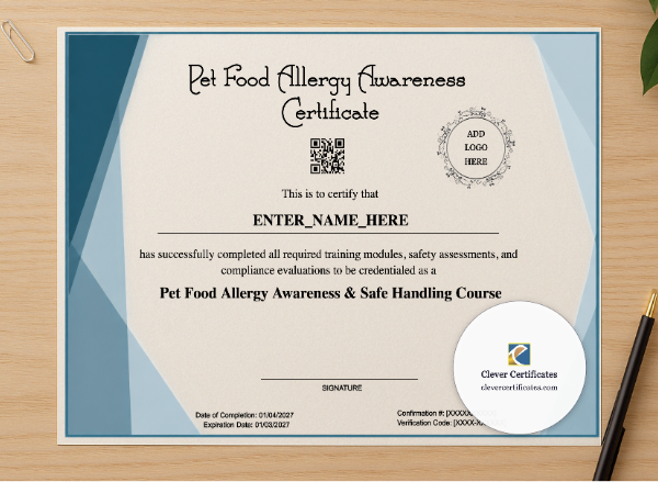Professional preview of Pet Food Allergy Awareness Certificate certificate on high-quality stationery paper, ideal for showcasing the final look.
