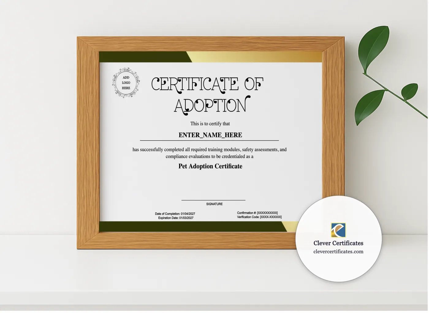 Realistic mockup featuring Pet Adoption Certificate displayed within a modern frame, set against a minimalistic background.