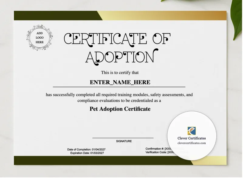 Pet Adoption Certificate presented in a sleek wooden frame, elegantly arranged on a stylish table.