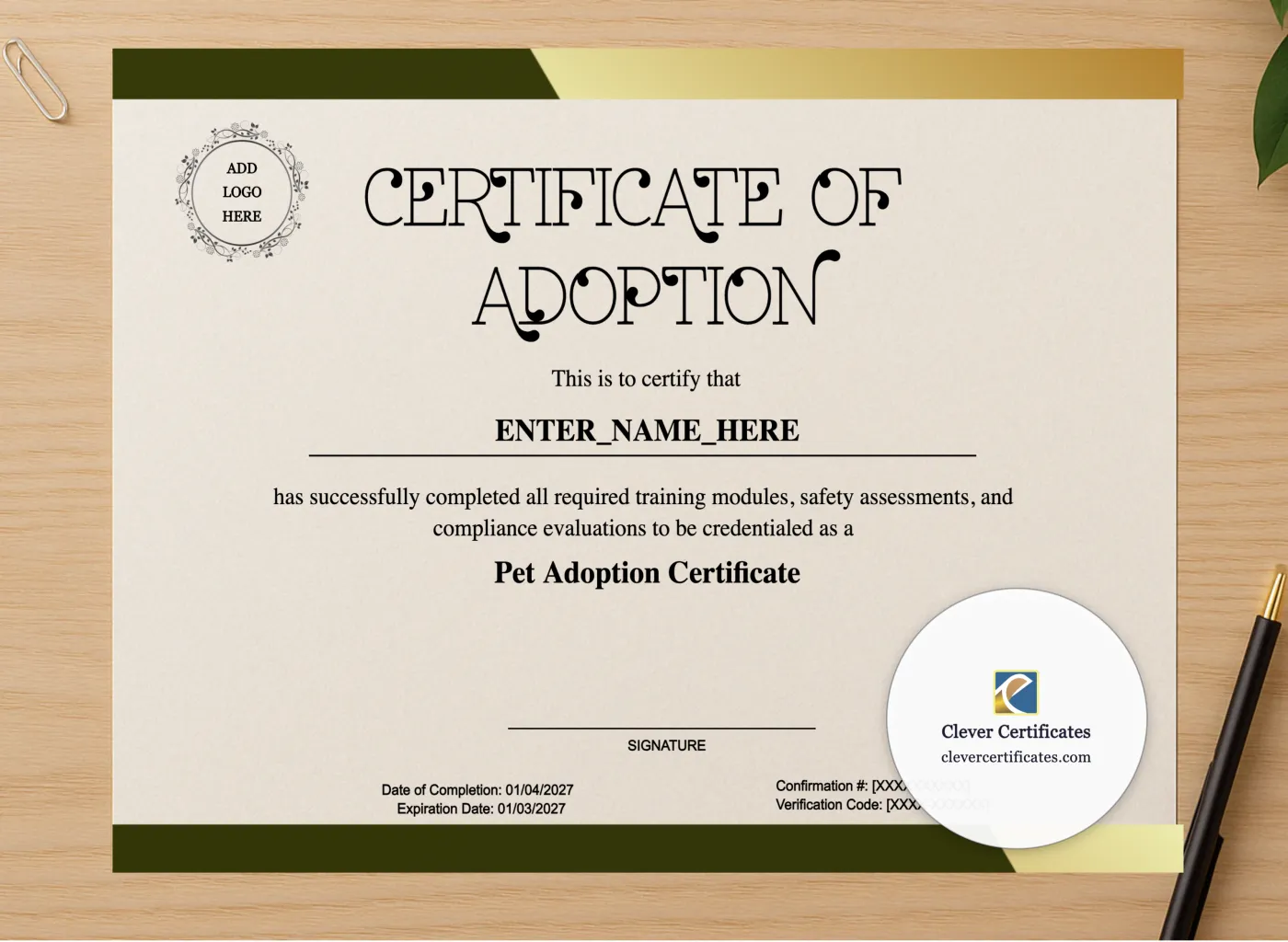 Professional preview of Pet Adoption Certificate certificate on high-quality stationery paper, ideal for showcasing the final look.