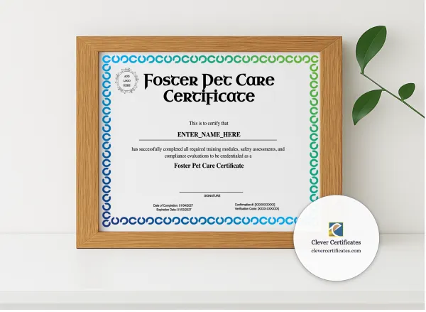 Realistic mockup featuring Foster Pet Care Certificate displayed within a modern frame, set against a minimalistic background.