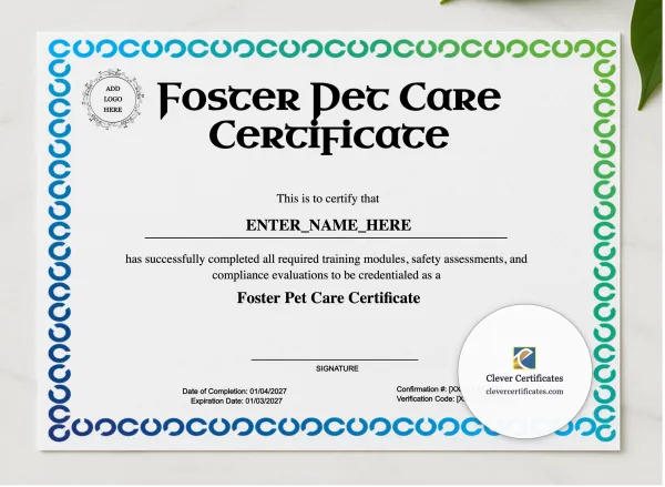 Foster Pet Care Certificate presented in a sleek wooden frame, elegantly arranged on a stylish table.