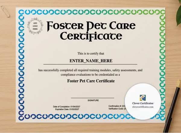 Professional preview of Foster Pet Care Certificate certificate on high-quality stationery paper, ideal for showcasing the final look.