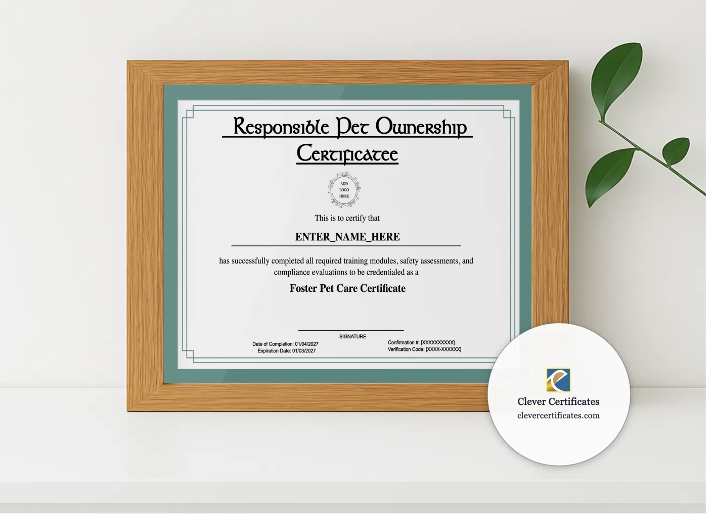Realistic mockup featuring Responsible Pet Ownership Certificate displayed within a modern frame, set against a minimalistic background.