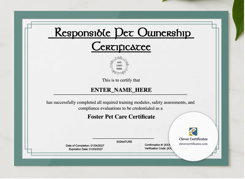 Responsible Pet Ownership Certificate presented in a sleek wooden frame, elegantly arranged on a stylish table.