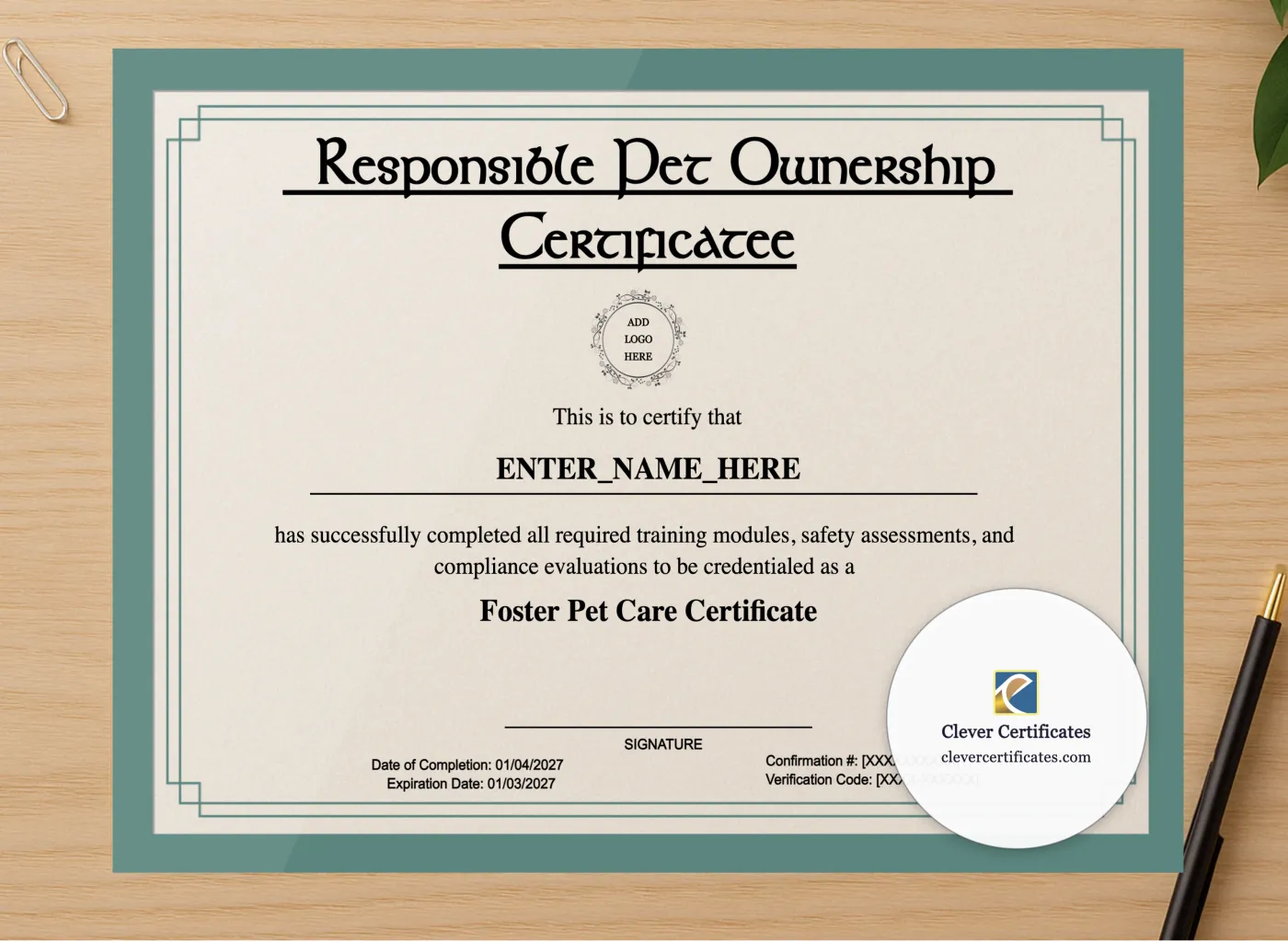 Professional preview of Responsible Pet Ownership Certificate certificate on high-quality stationery paper, ideal for showcasing the final look.