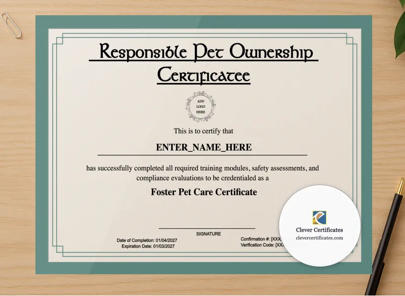 Professional preview of Responsible Pet Ownership Certificate certificate on high-quality stationery paper, ideal for showcasing the final look.